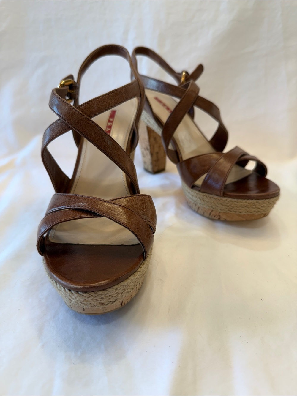 Prada Brown Leather Crisscross Espadrille Platform Sandals